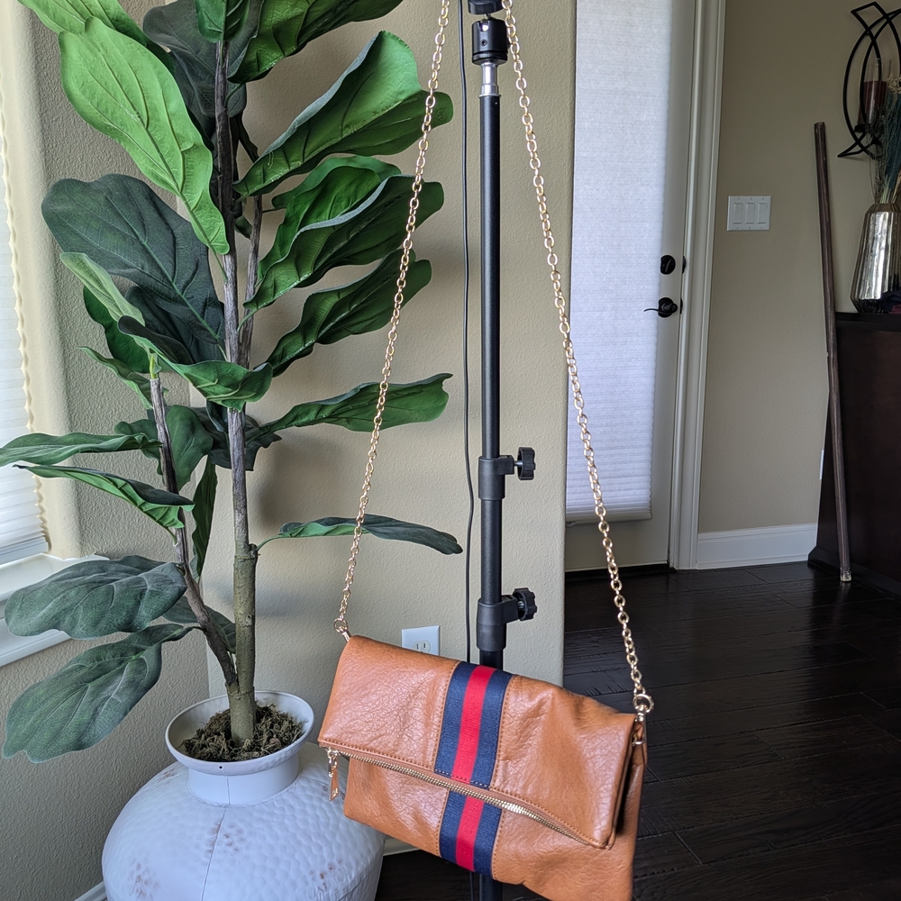 Tan Fold-Over Crossbody Bag with Navy & Red Stripe - Picture 3 of 5